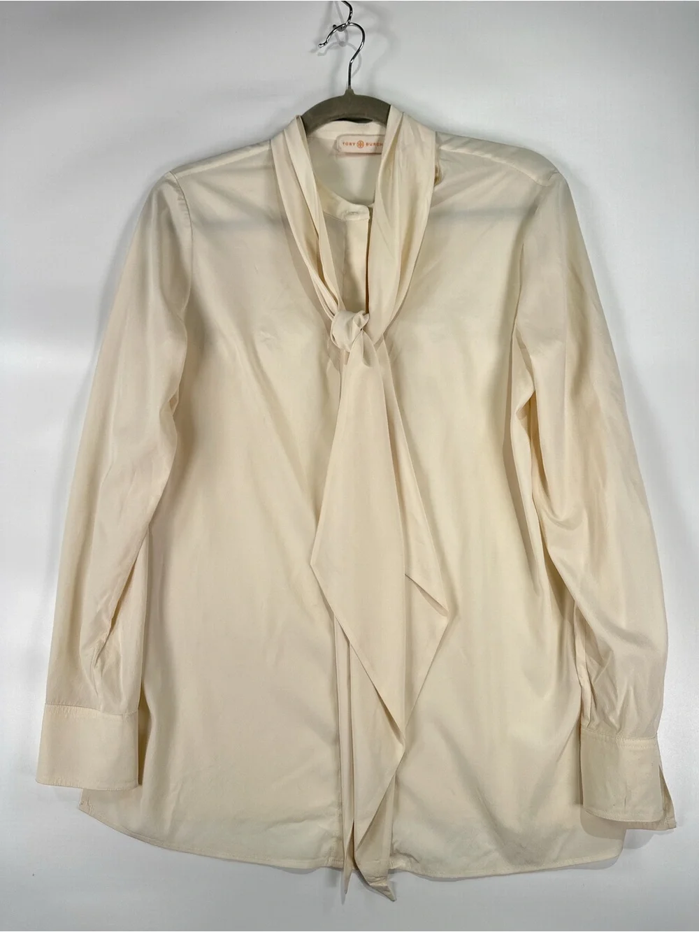 Tory Burch Tie Neck Blouse Hidden Placket Stretch Silk Cream 6